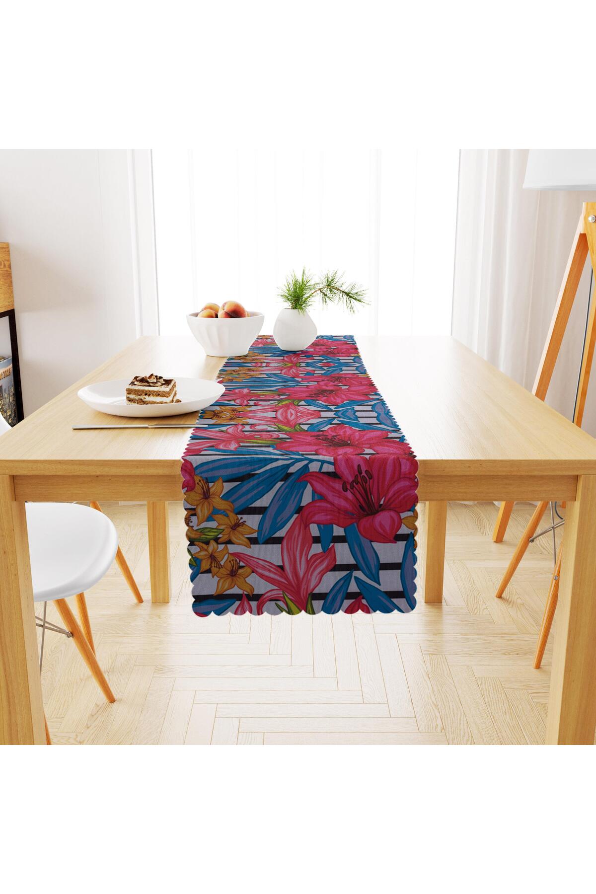 Zambak Desenli Mavi Kırmızı Dijital Baskılı Petek Dokuma Runner 40x140