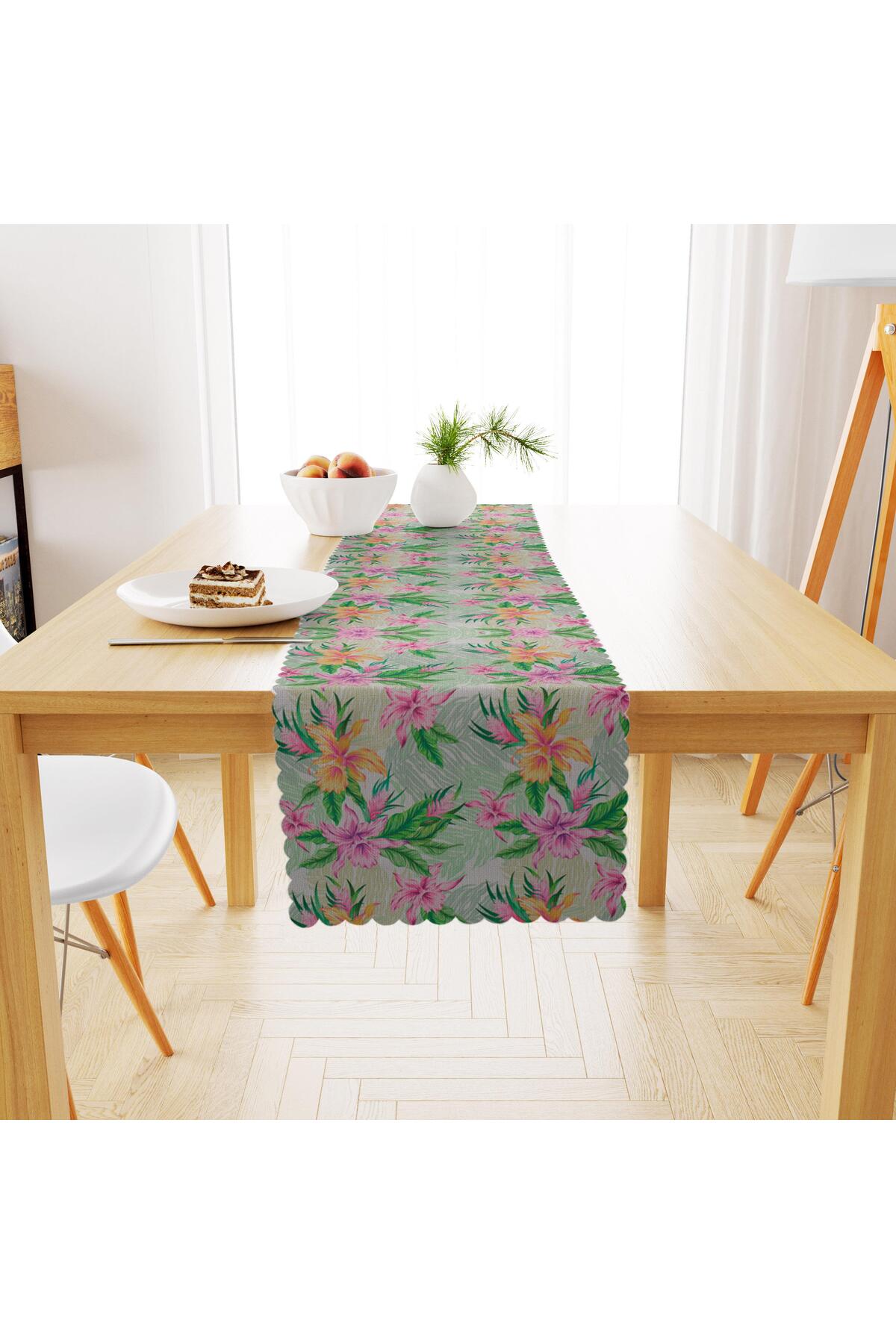 Zambak Desenli Mint Zemin Yeşil Pembe Dijital Baskılı Petek Dokuma Runner 40x140