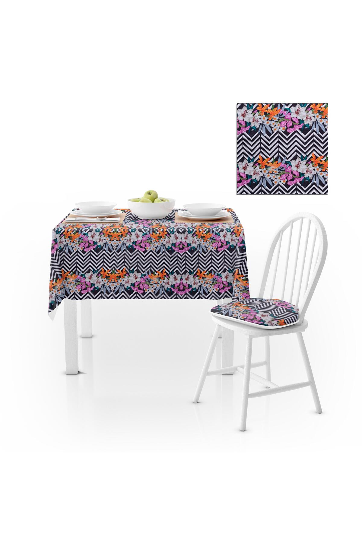 Zambak Desenli Zigzag Siyah Beyaz Kadife Dokulu 180X220 Masa Örtüsü
